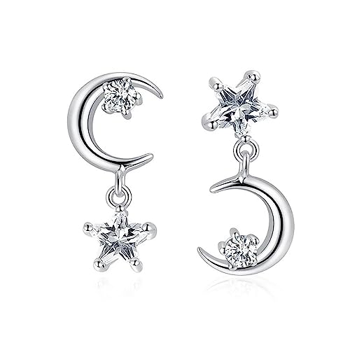 Sluynz 925 Sterling Silver Cz Crystal Star Moon Studs Earrings For Women Teen Girls Sparkling Asymmetric Studs Earrings (Star Moon Earrings) #TOP9