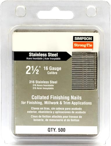 Simpson Strong-Tie T16N250FNB Straight, Adhesive Collation, T-Style Head, 16-Gauge Finishing Nail — 2-1/2 in. Type 316 (500-Qty)