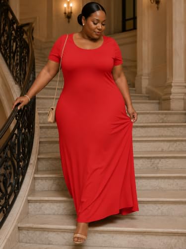 Image of PinkPatty Women's Plus Size Crew Neck Short Sleeve Maxi Dress with Pockets