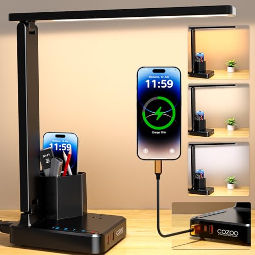 LED Desk Lamp with 3 USB Charging Ports 1 AC Outlet Small Table Lamp for Home Office/Bedroom/Study/College/Dorm Room Essentials, Foldable Reading Light w/Pen Holders for Craft/Artist/Puzzle/Nail/Task