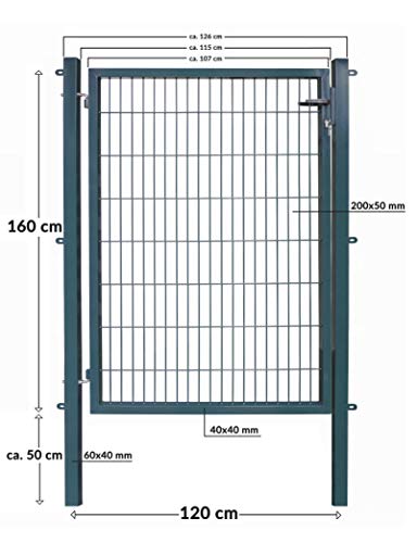 Koll Living Gartentore für Stabmattenzaun mit 120 cm Breite - Farbe und Höhe wählbar - inkl. Pfosten und Befestigungsmaterial (H 160 x B 120 cm, anthrazit)
