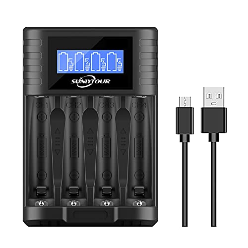 SUNLYTOUR Ni-MH AA AAA Chargeur de Piles,Premium Ni-CD AAA Chargeur de Batterie à 4 Fentes Ni-MH AA Chargeur de Piles AA Accu Chargeur pour 14500 14430 1.5V Li-ION Batterie,1.2V Ni-MH Ni-CD Batterie