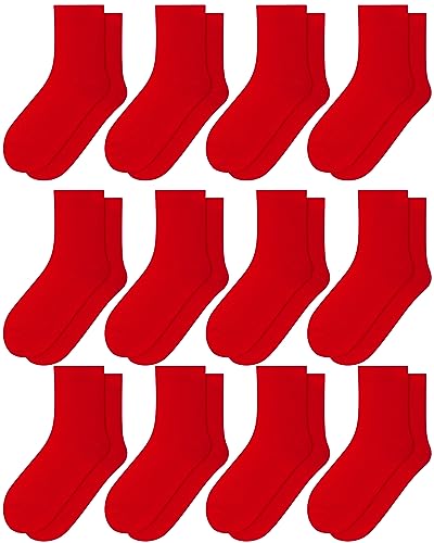 Toulite 12 Pairs Red Crew Socks for Men Women Quarter Crew Dress Socks for Christmas New Year Gift, Men 6-10, Women 7-112