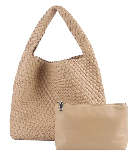 SUMICH Vegan Leather Hand-Woven Shoulder Handbag Bag Purses for Woman Top Handle Satchel Bags Ladies Leather Totes(Apricot)