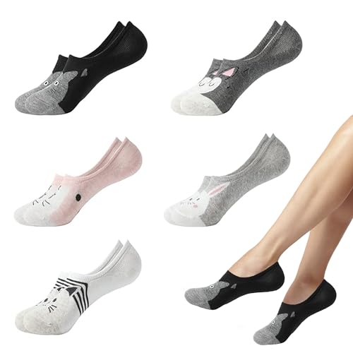 5 Pairs No Show Socks Women Cotton Invisible Liner Sock Low Cut Non Slip Cute Funny Animal Patterned Flat Boat Line Soft & Stretchable Gifts for Girl