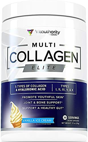 Multi Collagen Elite Vanilla Ice Cream Collagen Protein Powder: Multiple Source Grass-Fed Hydrolyzed Collagen Peptides with Vitamin C and Hyaluronic Acid, Types I II III V X, Anti-Aging Powder, 30srv