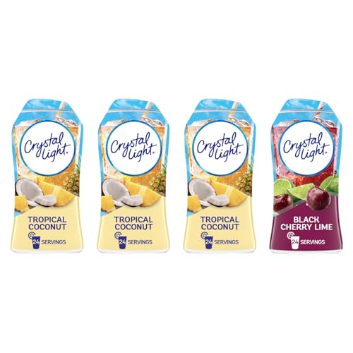Crystal Light Liquid Water Enhancer (4 Count) - 3 Tropical Coconut & 1 Black Cherry Lime - Low Calorie & Sugar Free Water Flavoring drink Mix Drops (Variety Pack)