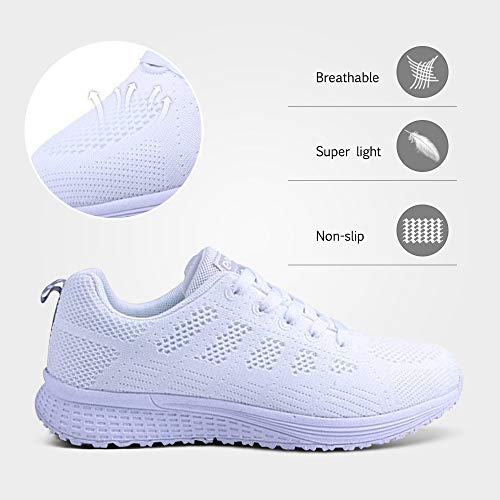 PAMRAY Damen Fitness Laufschuhe Sportschuhe Schnüren Running Sneaker Netz Gym Schuhe Weiss 38 EU