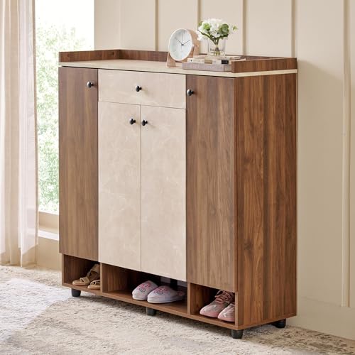 Image of Home Centre | Addison 22 Pairs Shoe Cabinet with Drawer | Engineered Wood | Walnut | 1 Year Warranty