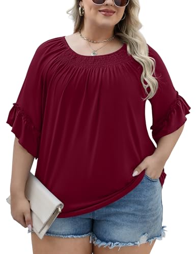 Image of Micoson Womens Plus Size Tops 3 /4 Ruffle Sleeve Crewneck Pleated Shirts