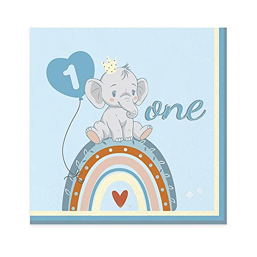 Nataluna Tovaglioli 3X33 Cm One Birthday Elefantino Celeste Conf Da 20 Pezzi
