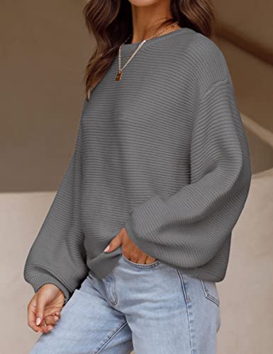 Zesica Women's 2023 Crew Neck Long Lantern Sleeve Casual Loose Ribbed Knit Solid Soft Pullover Sweater Tops,Darkgrey,Medium #TOP2