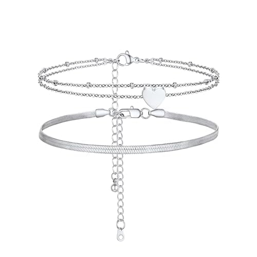 PROSTEEL Anklets Set for Women - Cuban Link/Herringbone/Heart Layered Ankle Bracelets Adjustable Waterproof for Summer Beach Jewellery, Silver/Gold Plated/Black with Gift Box C Set Silver 2p