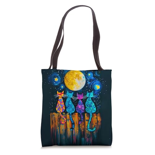 Colorful Britto Cats Sitting on a Fence Art Design Tote Bag