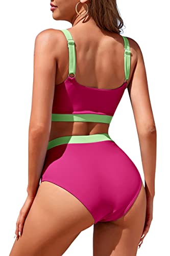 Image of Womens High Waisted Bikini Sets Sporty Crop Top Color Block Swimwear Bandeau Scoop Neck Vintage Two Piece Bathing Suits