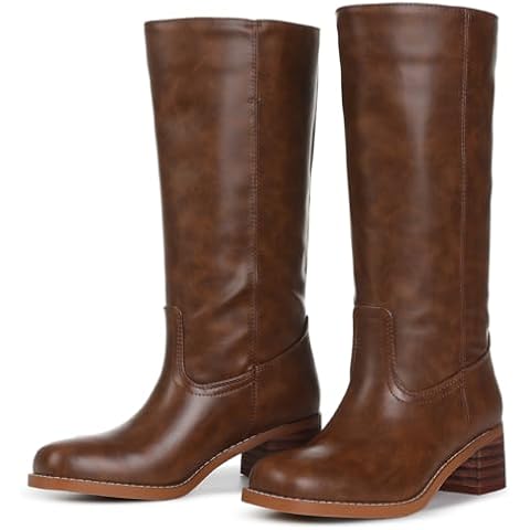 CELNEPHO Women's Knee High Boots Square Toe Chunky Block Heel Comfortable Pull on Riding Boots Wide Calf Long Tall Boots Vintage Cover