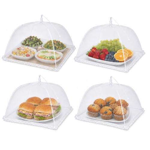 Simply Genius Pop-Up Outdoor Food Covers to Keep Bugs Away - 14 x 14 in, 4 Pack, White - Mesh Food Covers for Picnic & BBQ - Portable Nets for Outside