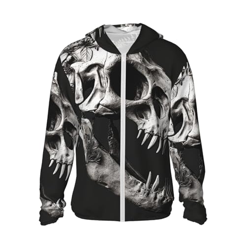 LZQPOEAS Sun Protection Hoodie Black and White Dinosaur Skull Jacket Lightweight Long Sleeve Sun Shirts for Outdoor Hiking Large