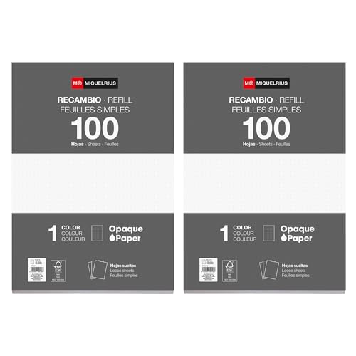 Miquelrius - Bloc di ricarica, 200 fogli sciolti puntinati dots, Carta opaca 90 g/m², Ricarica fogli A4 non perforati per raccoglitori ad anelli o archiviatori, Materiale scolastico