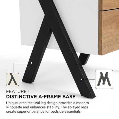 Image of FFO Modern Bedside Table with 2 Drawers | Wooden Nightstand with Metal Frame Legs | Compact Side Table for Bedroom | Storage Organizer Cabinet (60 x 35.8 x 45 cm).