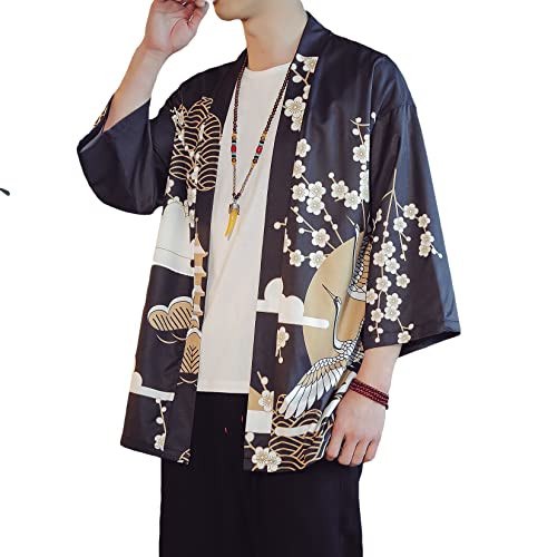Image of PRIJOUHE Men's Lightweight Kimono Jacket Seven Sleeve Open Front Cardigan Coat Japanese Style Bathrobe