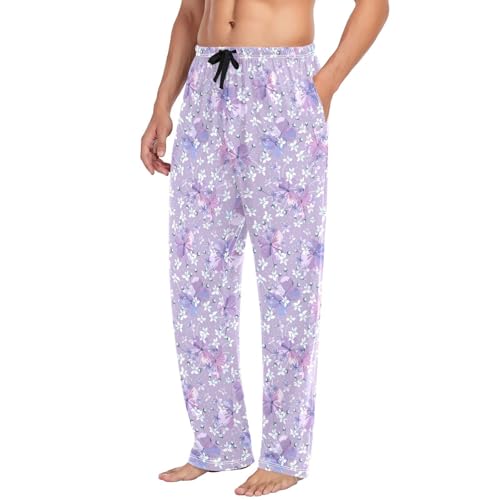 Purple Flowers Men's Pajamas Pants Cotton Sleep Bottoms Pants Lounge Sleepwear - S4