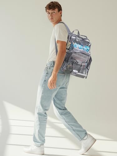 Image of Clear Backpack for School, 17 inch Large Heavy Duty-TPU See Through Bookbag for Boys Girls and Adult, Transparent Backpack With Multi-Pockets for College Work Gym Sport, Light Grey