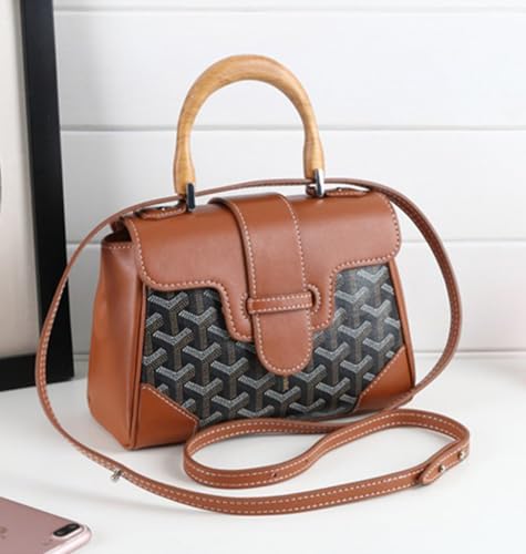 Image of HIONRE Genuine Cowhide Leather Tote Bag For Women Crossbody Bags Satchel Wood Top-Handle Bag Gift for Lady
