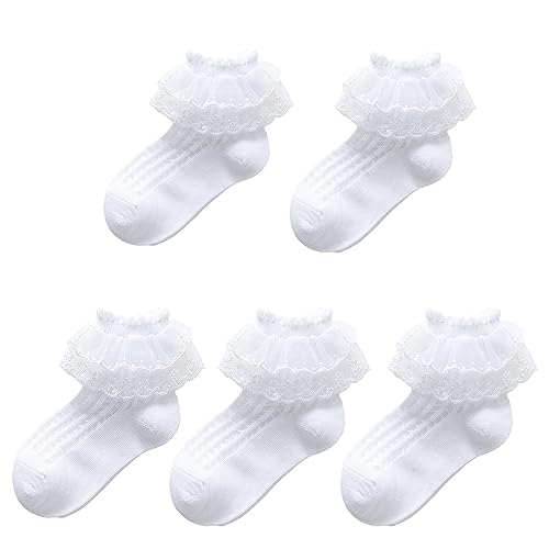 VURGER 5 Packs Toddler Girls Ruffle Lace Trim Cotton Socks Eyelet Frilly Princess Dress Socks for Little/Big Girls (as8 age 4_years 6_years regular White)