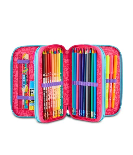 Mitama Federmäppchen für die Schule mit 3 Fächern, Super Triple Rainbow Love, Inhalt 47 Stück, komplett mit Bleistiften, Filzstiften, Stifteköcher für die Grundschule für Mädchen, himmelblau, Modern