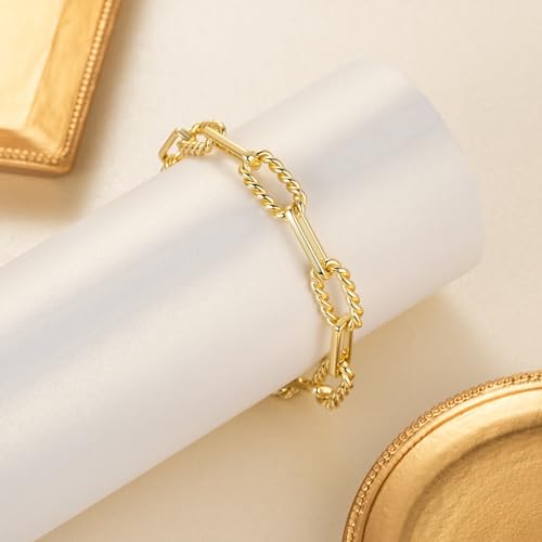 Gold Bracelets for Women & Men Cable Link Paperclip Chain Bracelet for Women Dainty Gold Bracelet Stack Textured Gifts 6.5'' 7.5'' 8.5'' 9.5''4