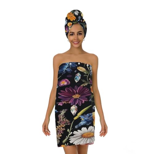 Helhappy Women's Soft Towel Wrap, Spa Shower Wrap with Hair Towel, Vintage Floral Colorful Flower Plant Spring Elastic Bath Towel Shower Wrap for Sauna Beach Gym Pool Swimming