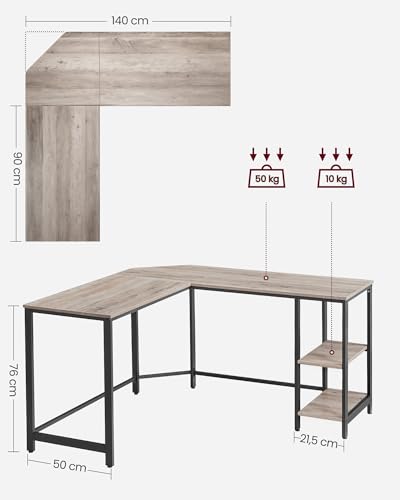 VASAGLE Schreibtisch, L-förmiger Computertisch, 138 x 138 x 76 cm, Eckschreibtisch mit 2 Ablagen, platzsparender Bürotisch, Gaming… – Ansicht 5