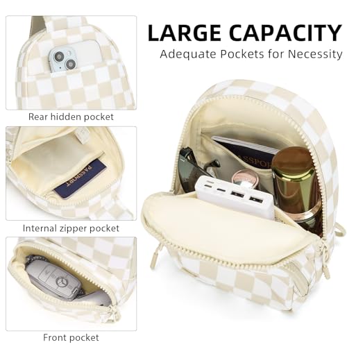 AMZFROG Small Checkered Sling Bag for Women Nylon Crossbody Bags Trendy Chest Travel Fanny Pack Purse Beige Check by AMZFROG - Used condition - Image 5