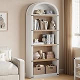 GarveeHome Bookcase 5 Shelf Arched Bookshelf 71.65in Tall Bookcase Farmhouse Display Storage Rack Wooden Bookshelves for Home Office, Living Room (White/Natural)