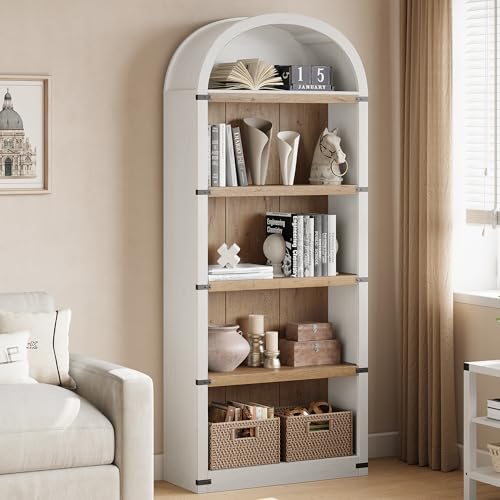 GarveeHome Bookcase 5 Shelf Arched Bookshelf 71.65in Tall Bookcase Farmhouse Display Storage Rack Wooden Bookshelves for Home Office, Living Room (White/Natural)