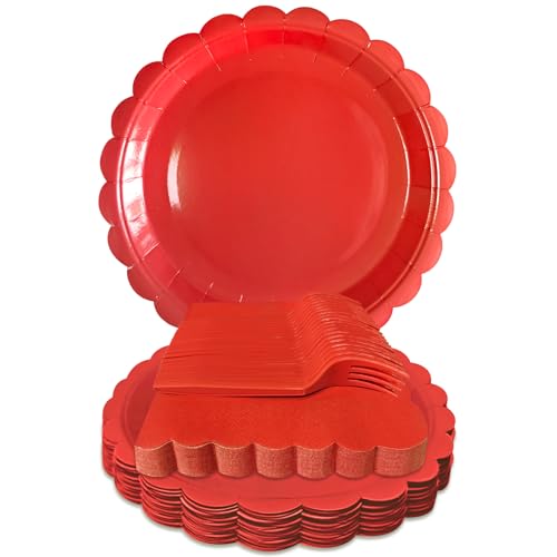 WYQJHKV Red Paper Plates and Napkins 7 Inch Red Scalloped Disposable Dessert Plates Paper Napkin Fork Party Supplies for Wedding Baby Shower Birthday(25 Guest)