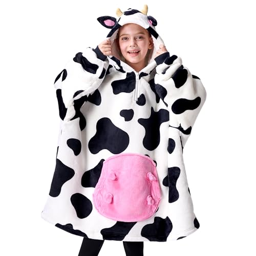 Image of Giggling Getup Wearable Blanket Hoodie for Girls and Boys Sherpa Fleece Hooded Blanket Sweatshirt Warm Cozy Sherpa Wearable Throw Oversized Hoodie with Giant Pocket & Sleeves for Kids Cow