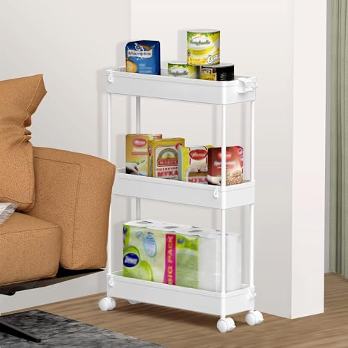 Image of SPACELEAD 2-piece Set Slim Storage Cart 3 Tier,Bathroom Organizer Rolling Utility,Mobile Shelving Unit Slide Out for Office, Kitchen, Laundry Room & Narrow Places