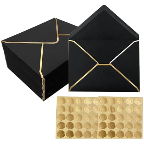 50 Pcs A7 Envelopes with Gold Embossed Heart Seal Stickers Gold Border Envelope Self Adhesive V Flap 5.25x7.25 inch for Card Weddings Graduation Invitation Birthday（Gold+Black） Cover