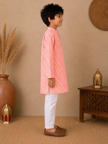 Image of superminis Cotton Boys Sanganeri Lehariya Printed Kurta Set with White Pyjama Elastic Closure
