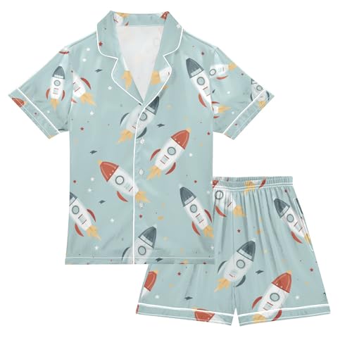 senya Cute Rocket Satin Summer Pajama Sets Silk Short Sleeve Button Down Sleepwear