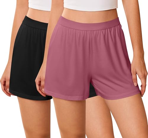 Image of Ekouaer Womens 2 Pack Pajama Shorts 2026 Comfy Elastic Waist Sleep Shorts Bamboo Viscose Soft Pj Bottoms with Pockets