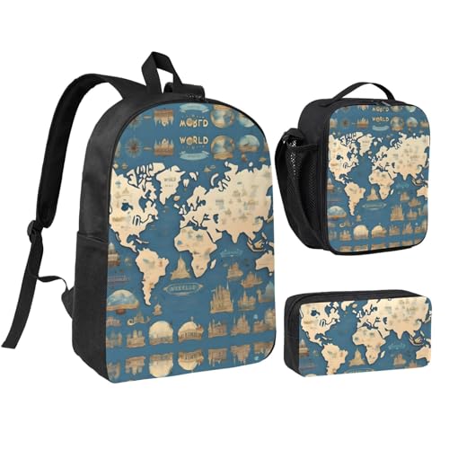 Sac à dos motif carte du monde avec boîte à déjeuner et trousse, ensemble scolaire 3 pièces