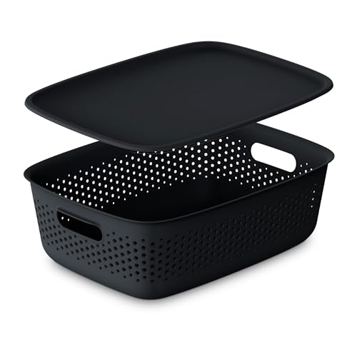 EDANTI Aufbewahrungsbox mit Deckel Organizer Kunststoff Behälter Durchbrochener Container Stylisch Modische Kleiderboxen Stapelbar Box Plastik (Anthrazit, 10L)