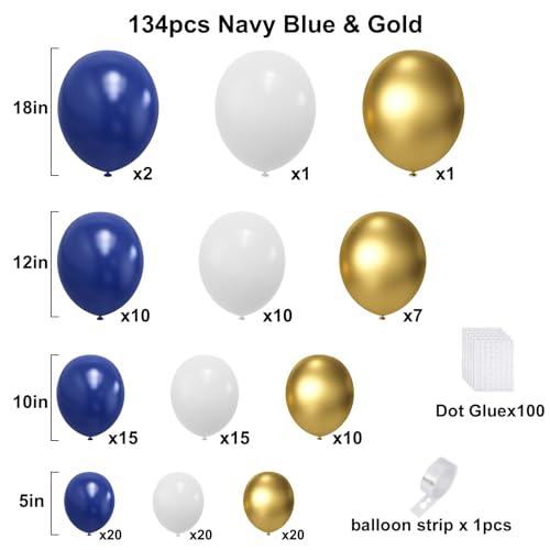 Image of Blue and Gold Balloons Arch Garland Kit, 134pcs Navy Blue Gold White Balloons with Different Size for Graduation, Birthday, Anniversary Party Decorations