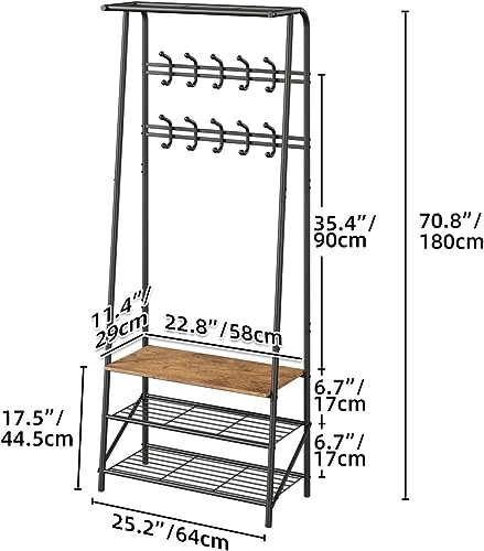 IDEALHOUSE Coat Rack Shoe Bench with 8 Hooks, Hall Trees Entryway Bench with Storage, Multifunctional Hallway Organizer, Wood Look Accent Furniture with Metal Frame for Entryway, Living Room, Bedroom