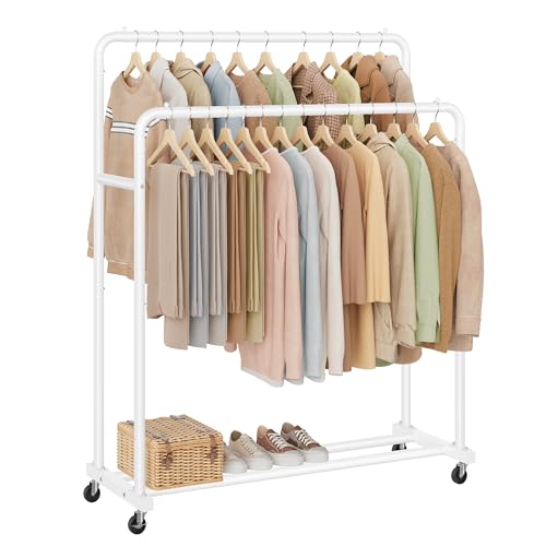SONGMICS Portant à Vêtements, sur Roulettes, Portemanteau Mobile, 2 Roulettes avec Freins, Chambre, Charge Maximale 90 kg, 46,5 x 110 x 155,5 cm, Blanc Mat HSR017WG01