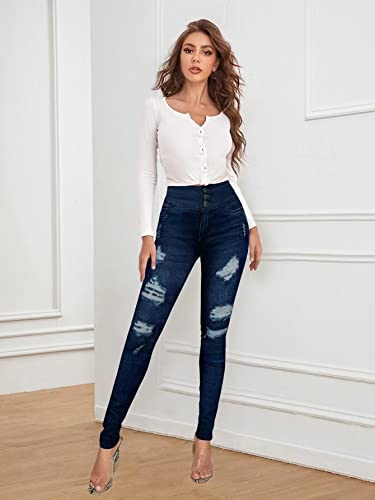Hybrid & Company Women Fashion Destructed Skinny Jeans High Waist Stretch Denim Pants3