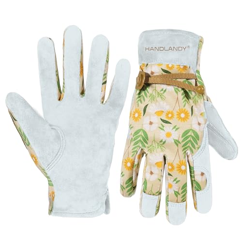 HANDLANDY Gardening Gloves for Women Utility Goatskin Leather Safety Work Gloves Breathable Ladies Leather Garden Yard Gloves